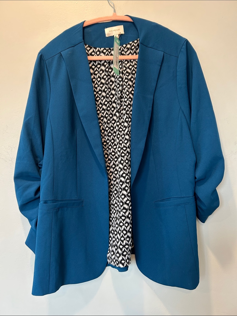 Skies Are Blue Teal Open-Front Blazer with Printed Lining